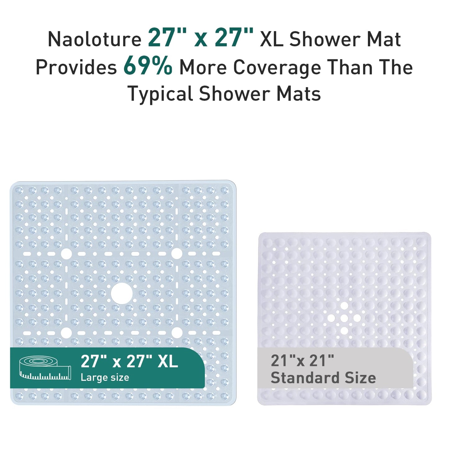 Naoloture Large Square Shower Mat 27 x 27 Inch Clear, Non Slip Shower Bathtub Mats for Inside Shower With Big Suction Cups Drain Holes, Anti Slip Bathroom Floor Shower Stall Mats, Easy Clean, BPA-Free