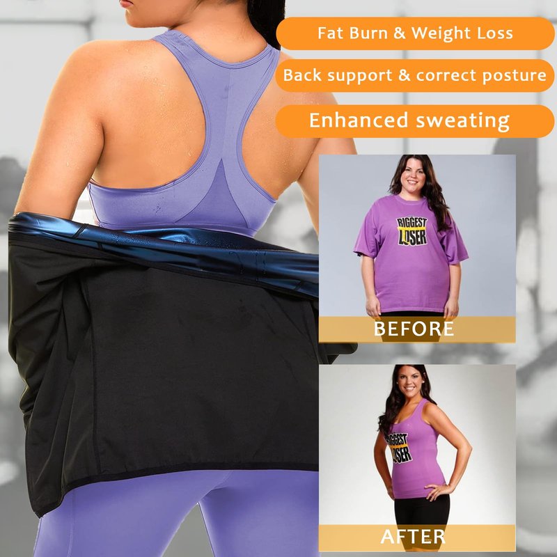 Sauna Suit Shirt for Women Weight Loss Sweat Waist Trainer Plus Size Vest Workout Compression Tank Top Body Shaper with Zipper XXL