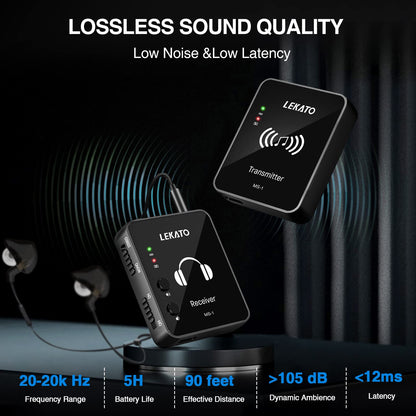 LEKATO MS-1 Wireless in Ear Monitor System, 2.4GHz Stereo in-Ear Monitoring with Transmitter Receiver Clip On, One to Many, Auto-Pairing,Wireless IEM for Band Rehearsal,Studio, Church,Small Gigs