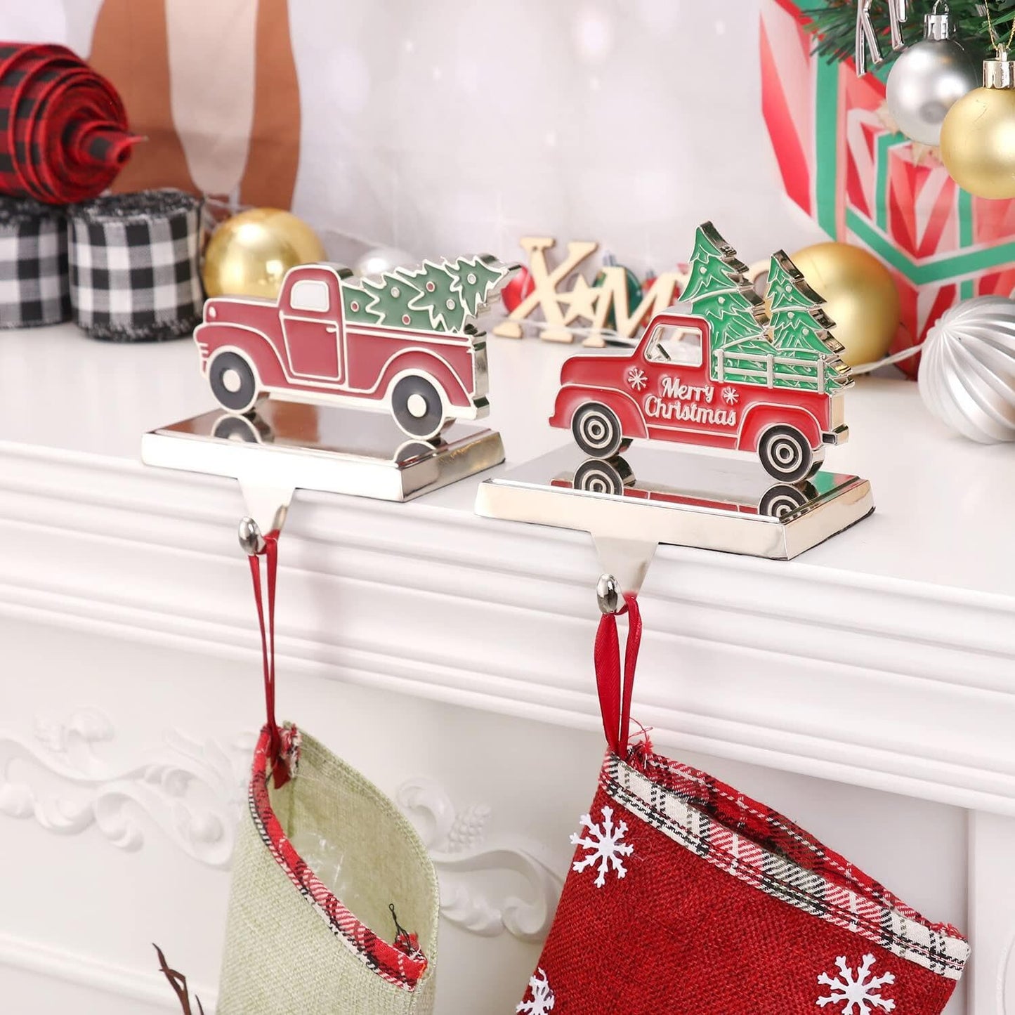 Yuokwer Set of 2 Christmas Stocking Holder for Mantel Christmas Decoration,Metal Red Truck with Christmas Tree Stocking Hangers for Fireplace Xmas Decoration Supplies (Truck)