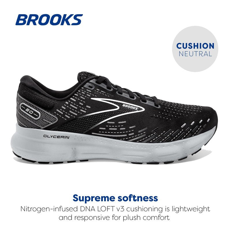 Brooks Men's Glycerin 20 Neutral Running Shoe - Black/White/Alloy - 9 Wide