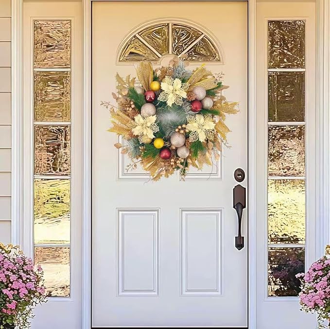 22inch Christams Wreath for Front Door, Artificial Gold Sparkling Flower Wreath, Class Gold Flower Ball Decoration, Used for Decorating Doors, Windows, Festive Hanging Decorations for Doors Mantel