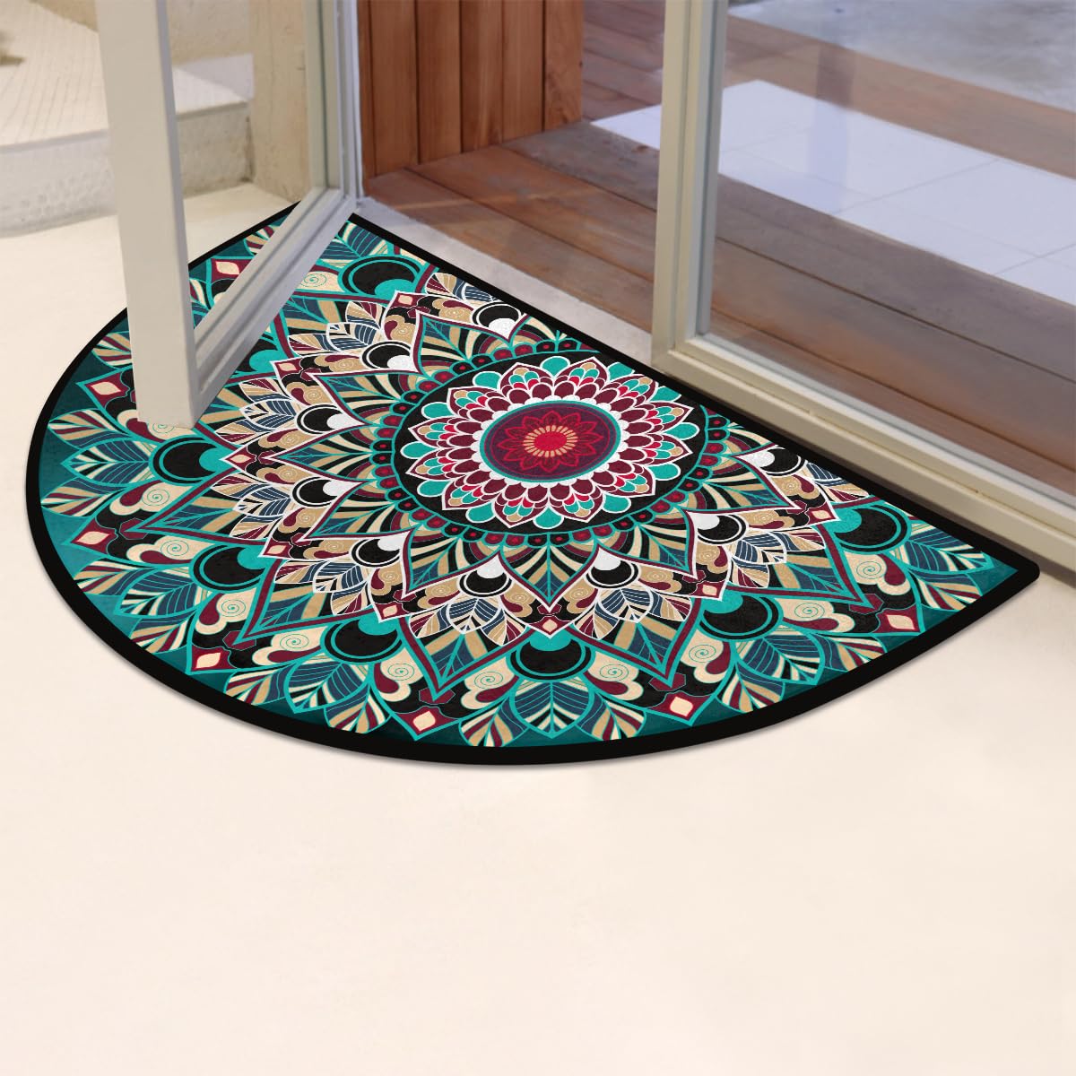 Cemfyzoch Mandala Half Round Doormat Non-Slip Semi Circle Rug Half Moon Mat