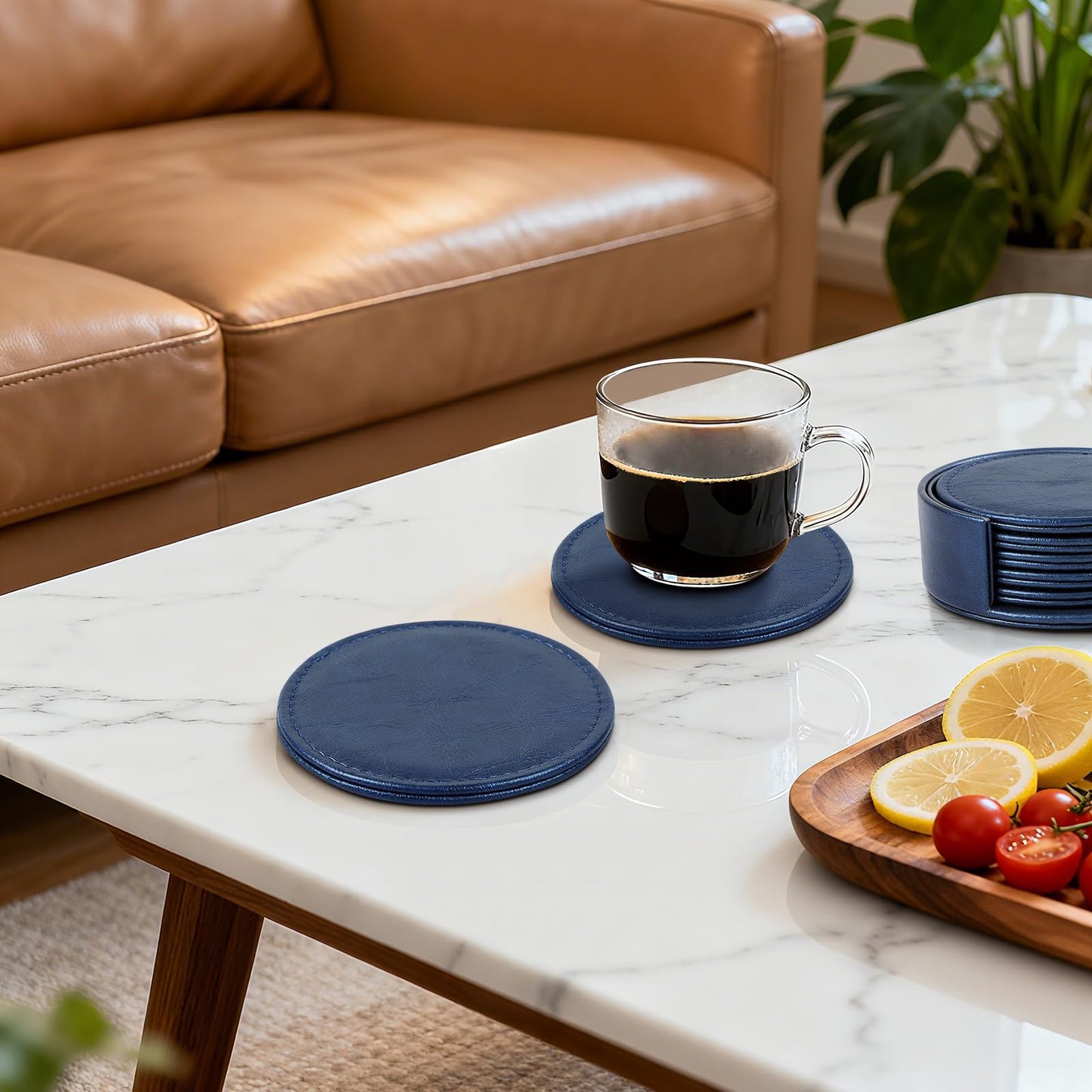 Leather Coasters Set of 6 with Holder, Tabletop Protection, Coffee Table & Bar Decoration, Modern-Style Drink Coasters Suitable for Home Dining Tables & Kitchen Accessories (Blue)