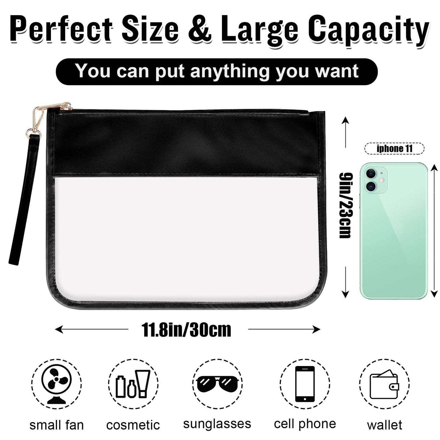 Izuzta Clear PVC Flat Pouch - Travel Makeup Bag With Wristlet, DIY Chenille Letter Bag, Waterproof Portable Toiletry Cosmetic Pouch for Women Girls (Black)