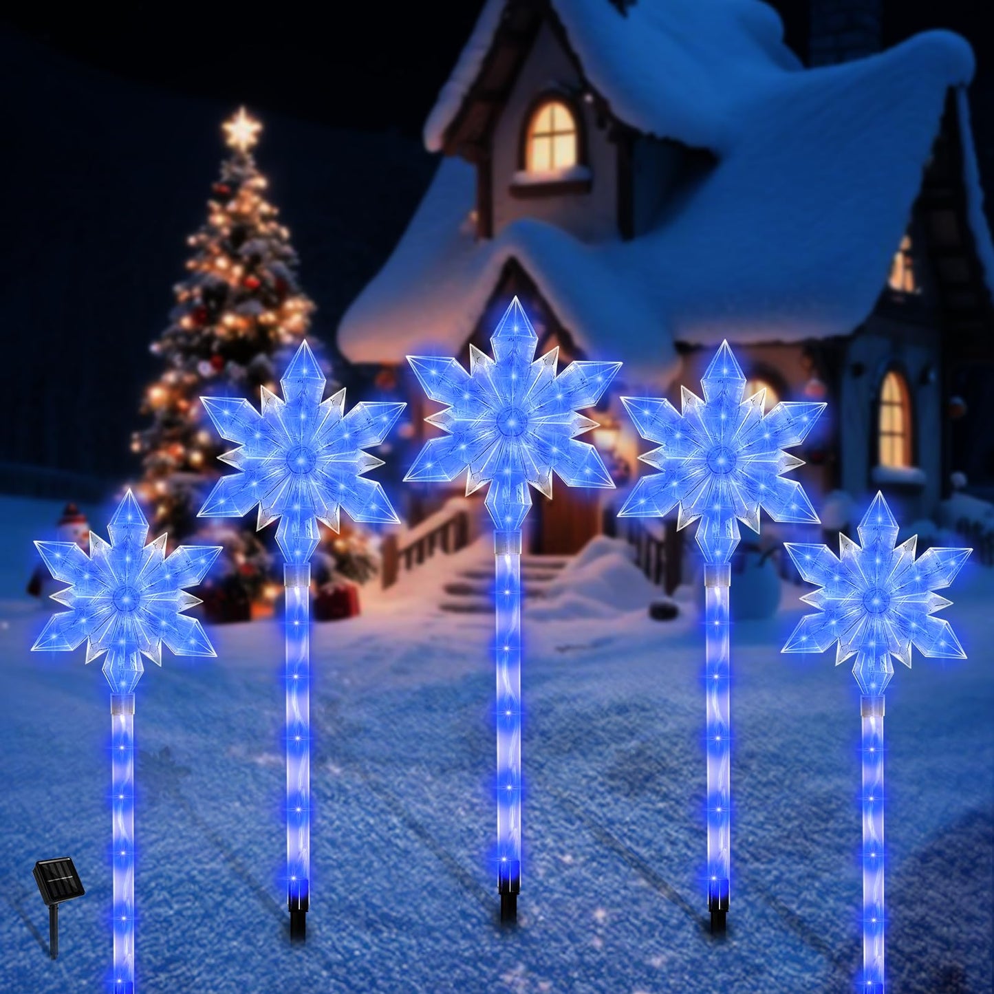 VOGVOG Snowflake Solar Christmas Pathway Lights, Set of 5 LED Outdoor Stake Lights, Waterproof Christmas Decorations for Garden, Yard, Lawn, Walkway, Patio Decor (Bule, 5pcs)