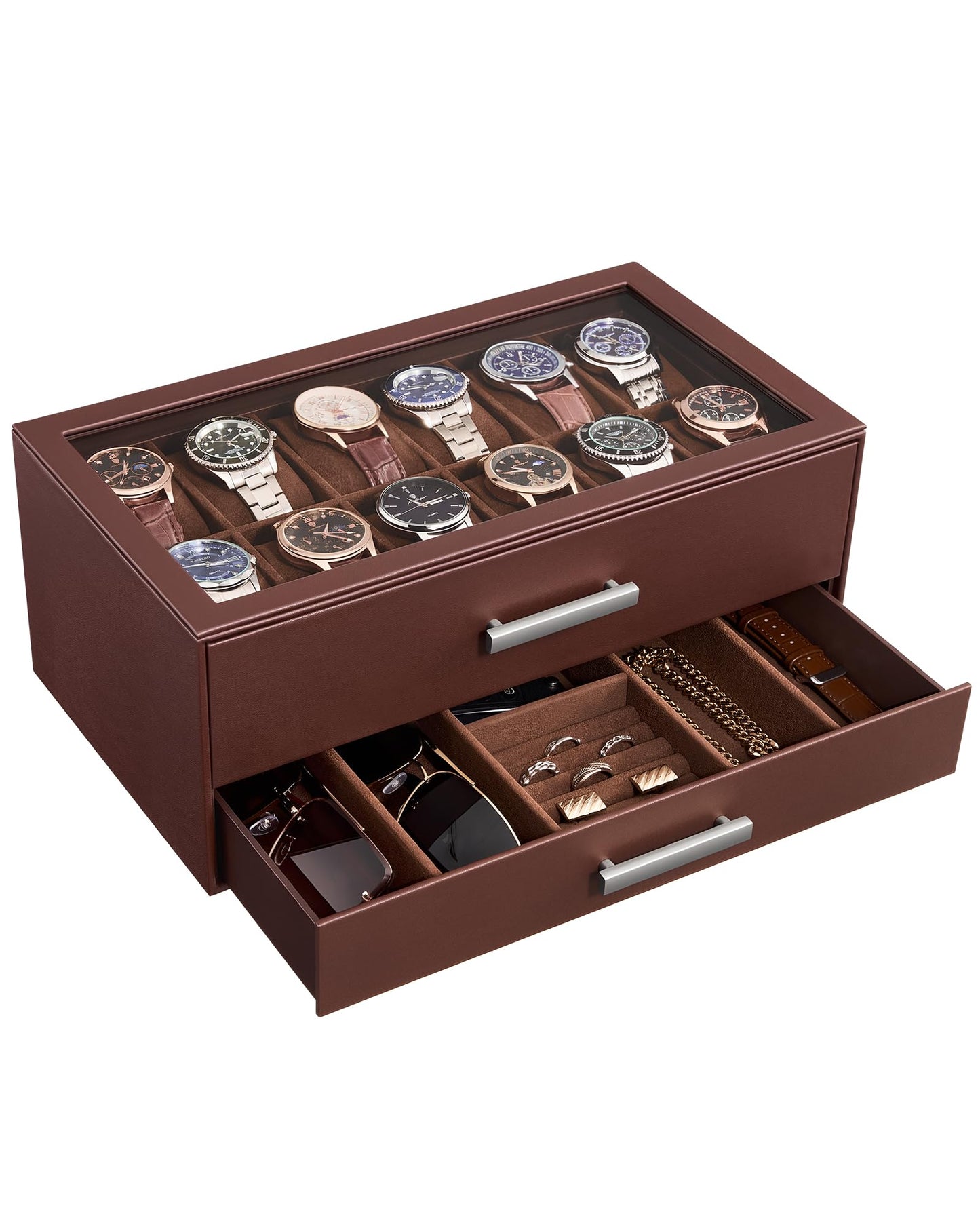 ProCase 12-Slot Watch Box, 2-Tier Pull-Out Drawers Display Case for Men, Fathers Day Gift for Dad Men with Clear Top Lid, Jewelry Sunglass Storage Organizer, Anniversary Birthday Gifts -Espresso