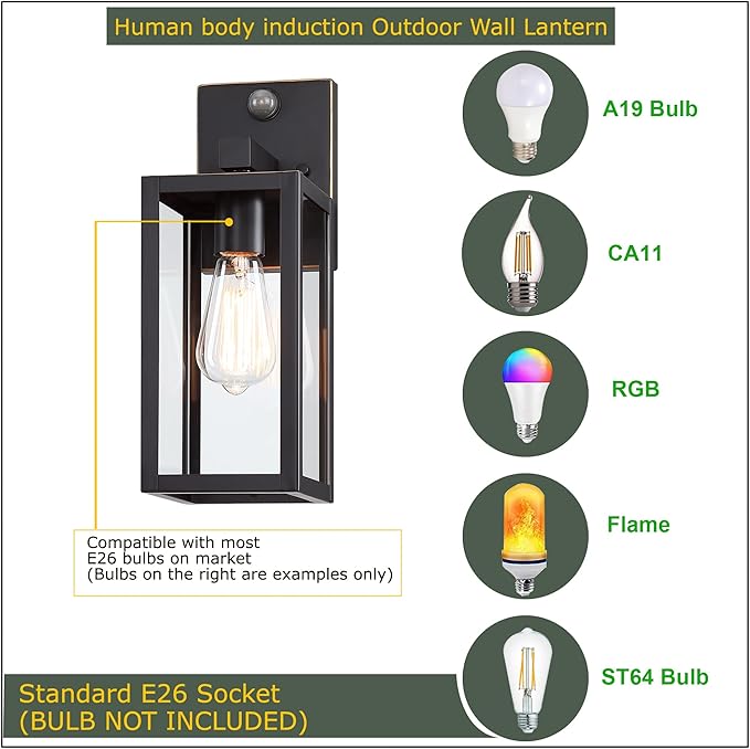 GRUENLICH Dusk to Dawn Large Outdoor Wall Lantern, PIR Motion Sensor Wall Sconce, E26 Base Max 60W, Metal Housing Plus Glass, Oil Rubbed Bronze Finish, Bulb Not Included, 2-Pack