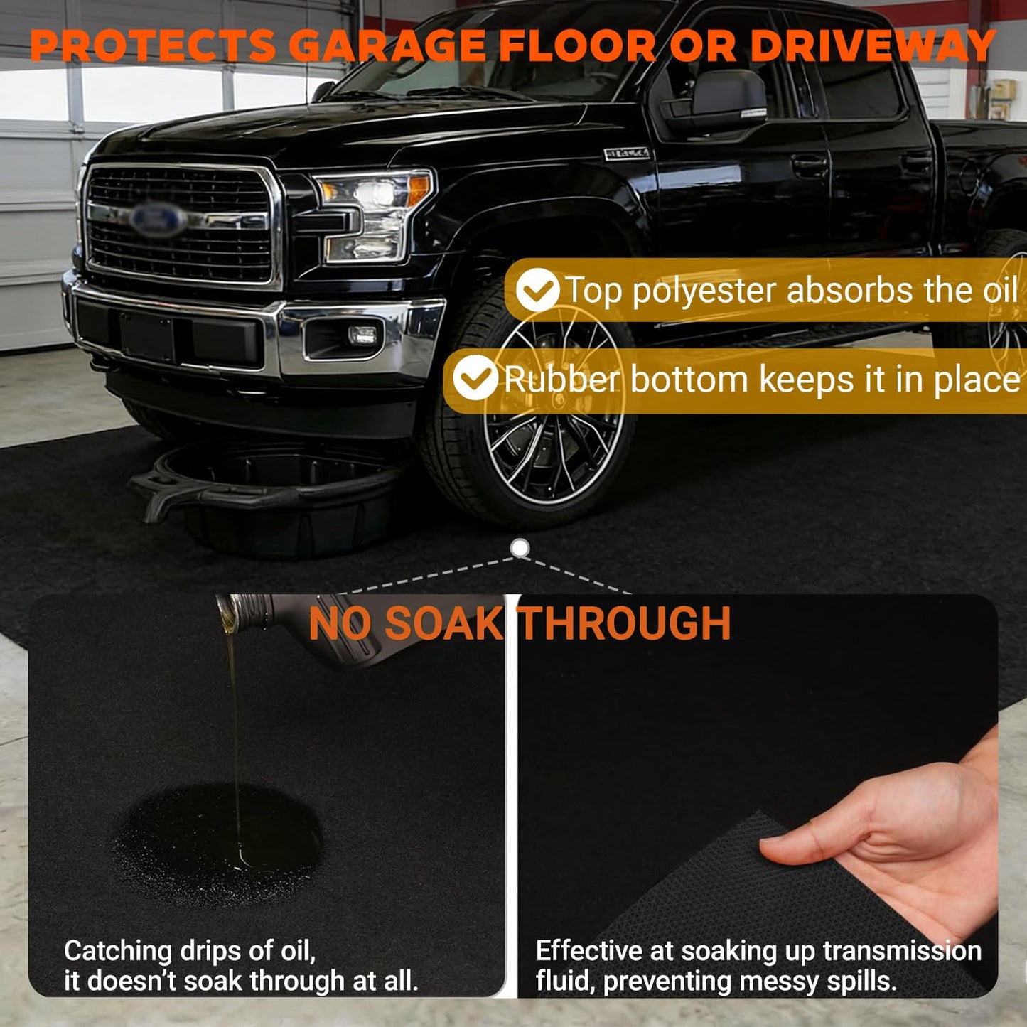 GeoDB Oil Spill Mat, Absorbent Grease Garage Floor Protector Under Car Auto Repairs, Oil Change Leak Resistant Heavy Duty Rubber Mat for Driveway Tractor Mower, 64" x 32" Black
