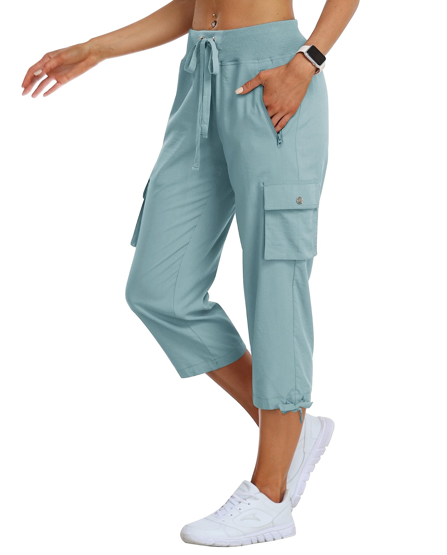 MoFiz Womes Capris Summer Cargo Hiking Pants Lightweight Quick Dry Running Athletic Shorts Casual Outdoor Zipper Pockets Dusty Blue S