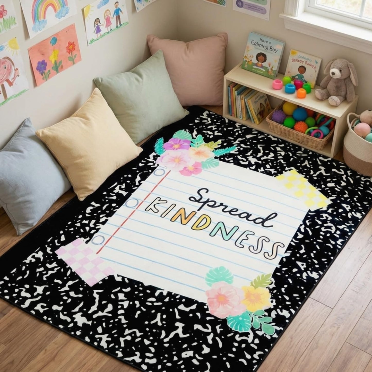 Breling 6 x 9 ft Composition Notebook Classroom Rug Spread Kindness Calming Corner Rug, Inspirational Quote Carpet Non-Slip Reading Corner Emotion Soft Fluffy for for Classroom, Preschool, Playroom