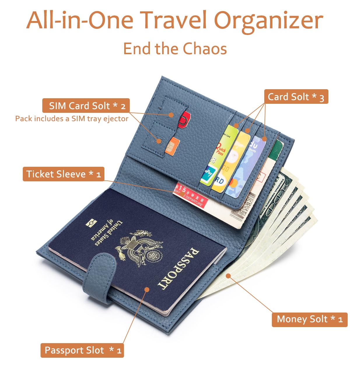 LnxLtw Leather RFID Blocking Passport Holder for Travel Women – Multiple Slim Passport Wallet for Women with Card Slots, Zippered Coin Pocket & Travel Passport Cover Case Gift Ready– Denim Blue