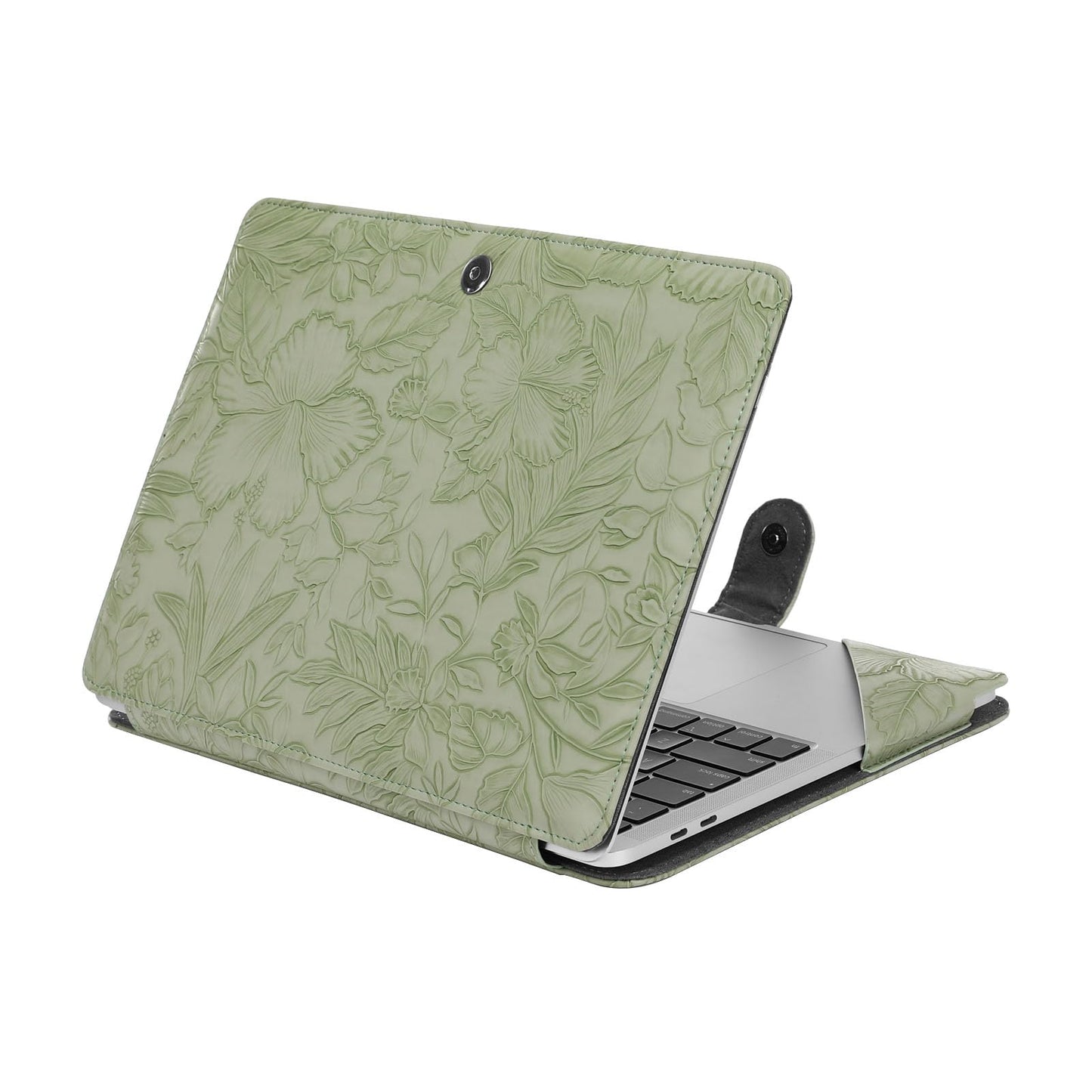 MOSISO Case Compatible with MacBook Air 13.6 inch M5 M4 M3 M2 2026-2022 /Air 13 M1 2022-2018 /Pro 13 M2 M1 2022-2016, Embossed Retro Hibiscus PU Leather Portfolio Protective Stand Cover, Sage Green