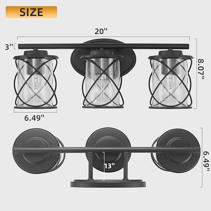 mavcadonf 3-Lights Bathroom Vanity Lights, Bathroom Light Fixtures Over Mirror, Matte Black Vanity Light, Farmhouse Wall Lights with Clear Glass Shade, Bathroom Wall Lamp for Mirror Kitchen Bedroom