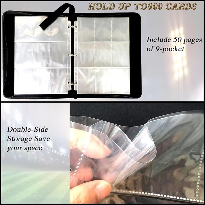 Sports Card Binder 900 Pockets Trading Card Binder with 50 Sleeves Fits 900 Sport Cards Sports Card Holder Binder with Zipper Soccer Football Baseball Basketball Hockey Card Gifts Collection Storage