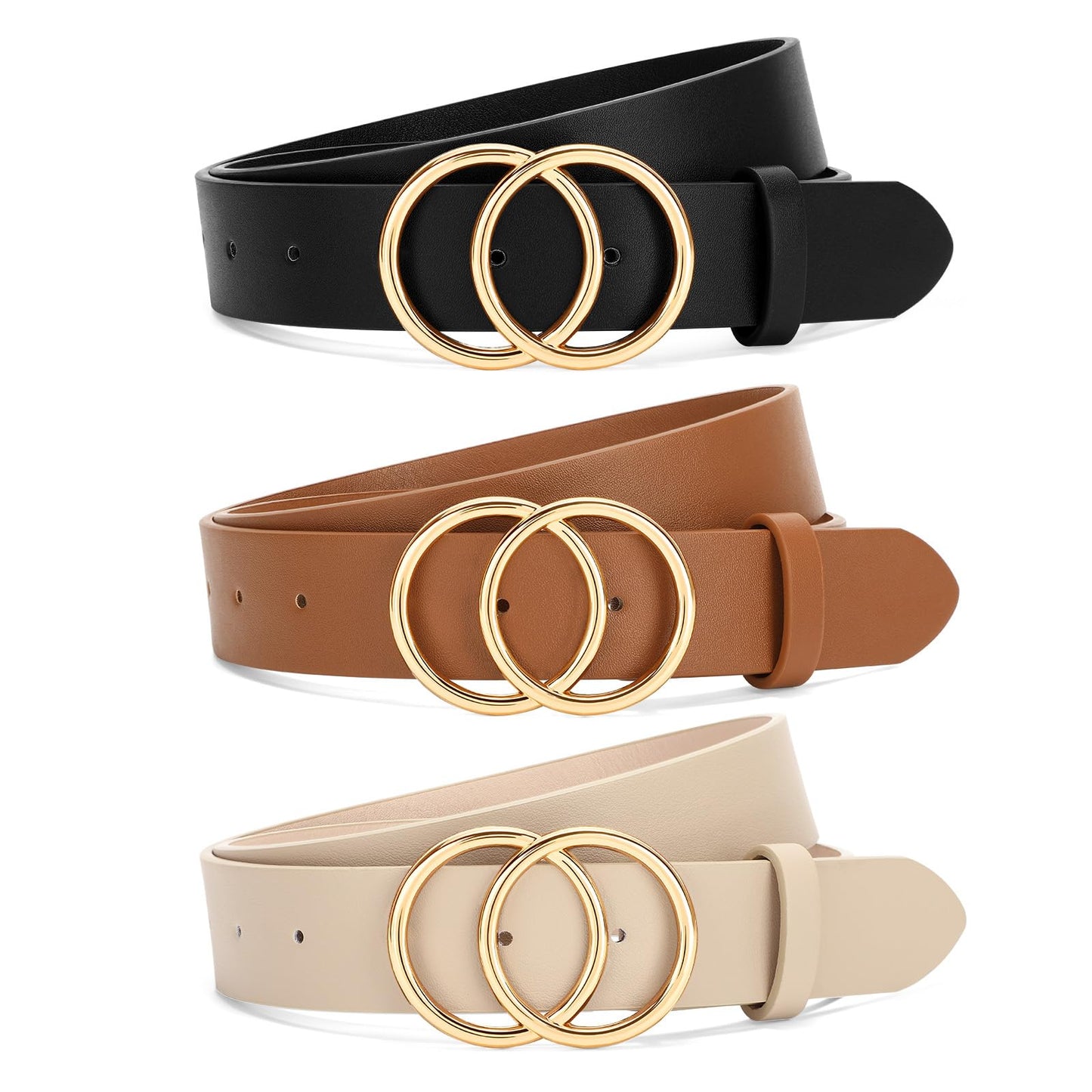 SANSTHS 3 Pack Women Waist Belts for Jeans Pants Dresses, Ladies Belt with Double O-Ring Gold Buckle, Black+Brown+Beige M
