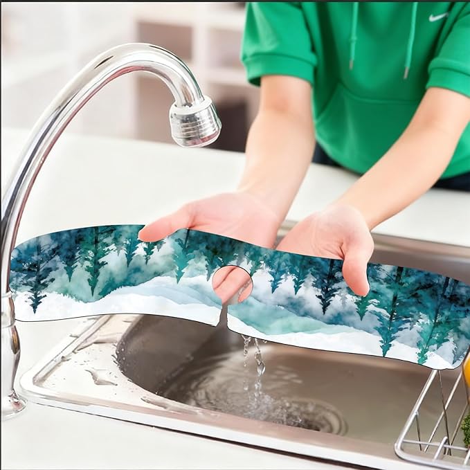 2 Pcs Kitchen Sink Splash Guard Faucet Mats Watercolor Forest Pattern Faucet Mat