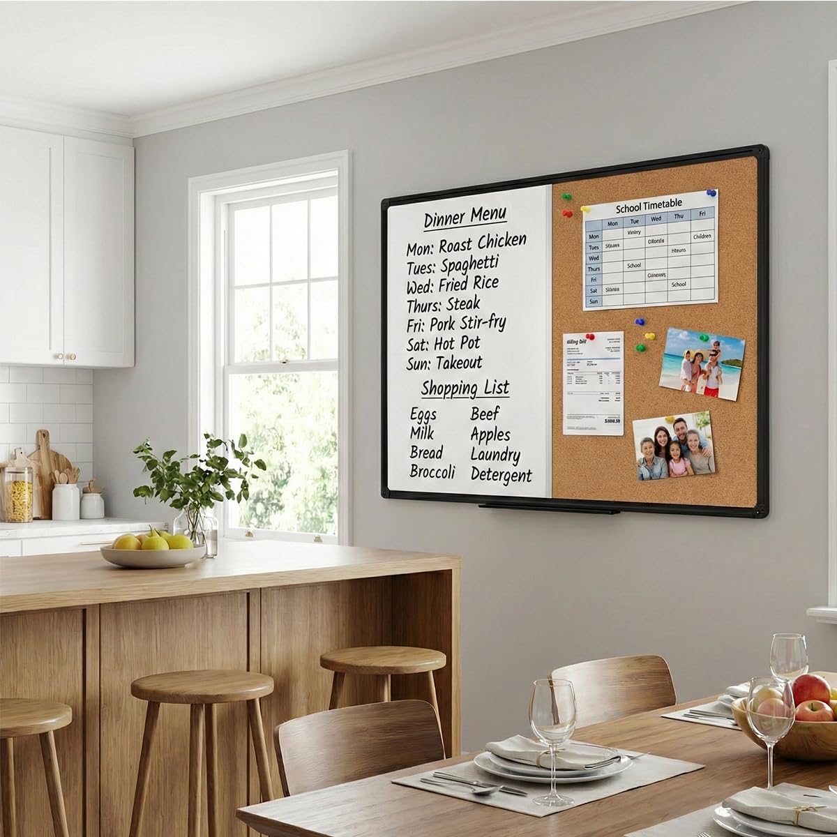 Magnetic Combination Whiteboard Cork Board 48 x 36 Inch, Black Aluminum Frame - Large Wall Mounted Vision Board & Planner for Home Office, Kitchen Command Center & Classroom Organization