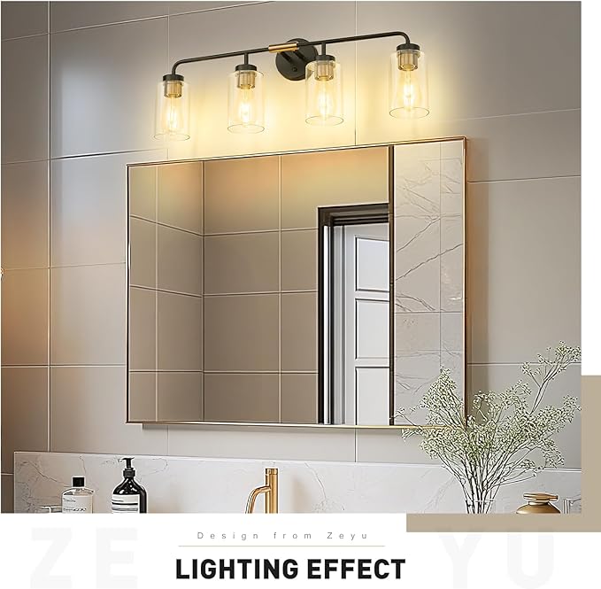 zeyu Farmhouse 4-Light Bathroom Vanity Light, 30 Inch Bathroom Lights Over Mirror, Black and Gold Finish with Clear Glass, ZS62B-4W BK+BG