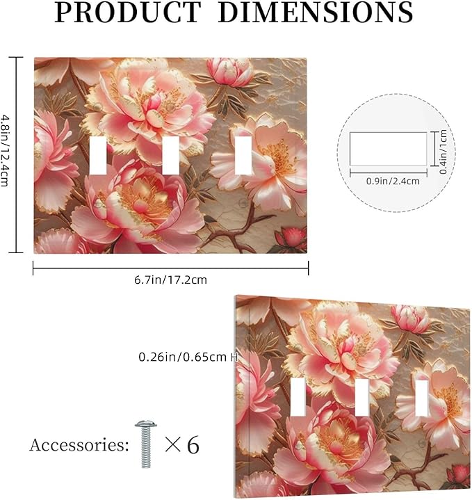 Pink Blooming Flowers Peonies Floral Light Switch Covers 3 Gang Triple Toggle Wall Plate Decorative Switch plate Electrical Faceplate for Farmhouse Living Decor