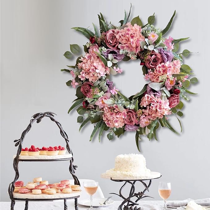 WANNA-CUL 24 Inch Spring Hydrangea Wreaths for Front Door,Spring Front Door Wreath with Rustic Pink Rose and Peony Flower for Wedding or Indoor&Outdoor Decoration