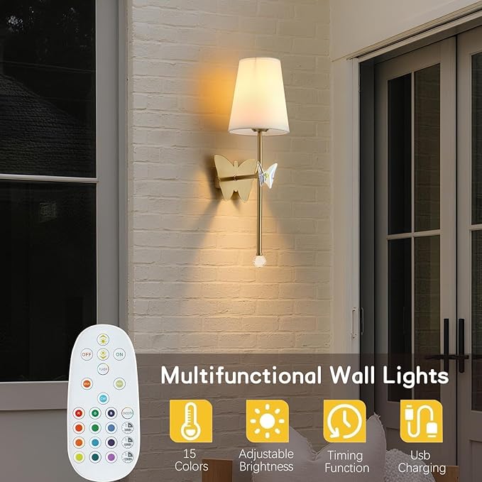 Battery Operated Wall Sconces,Rechargeable Wall Lights with Butterfly Crystal Decorative Sconces,Cordless Battery Sconce Indoor Wall Lamps for Bedroom Living Room Hallway Stairs Gold 1 Pack