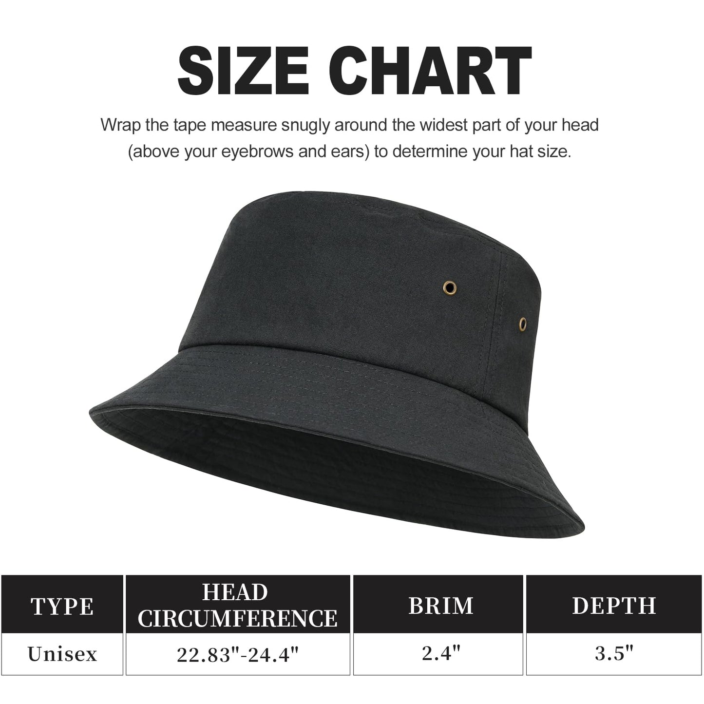 BOTVELA Men Cotton Bucket Hats Foldable Outdoor Sun Hat Unisex Flat Top Caps (Black, 7 3/4)