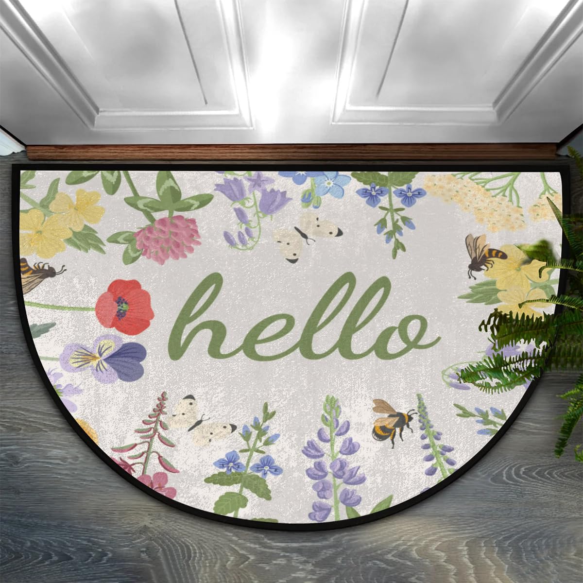 Half Round Door Mat,Hello Floral Non Slip Absorbent Entrance Doormat,Spring Flower Welcome Mat for Front Door,Low-Profile Semi Circle Floor Mats Area Rugs for Home Kitchen Garage Patio,36" x 24"