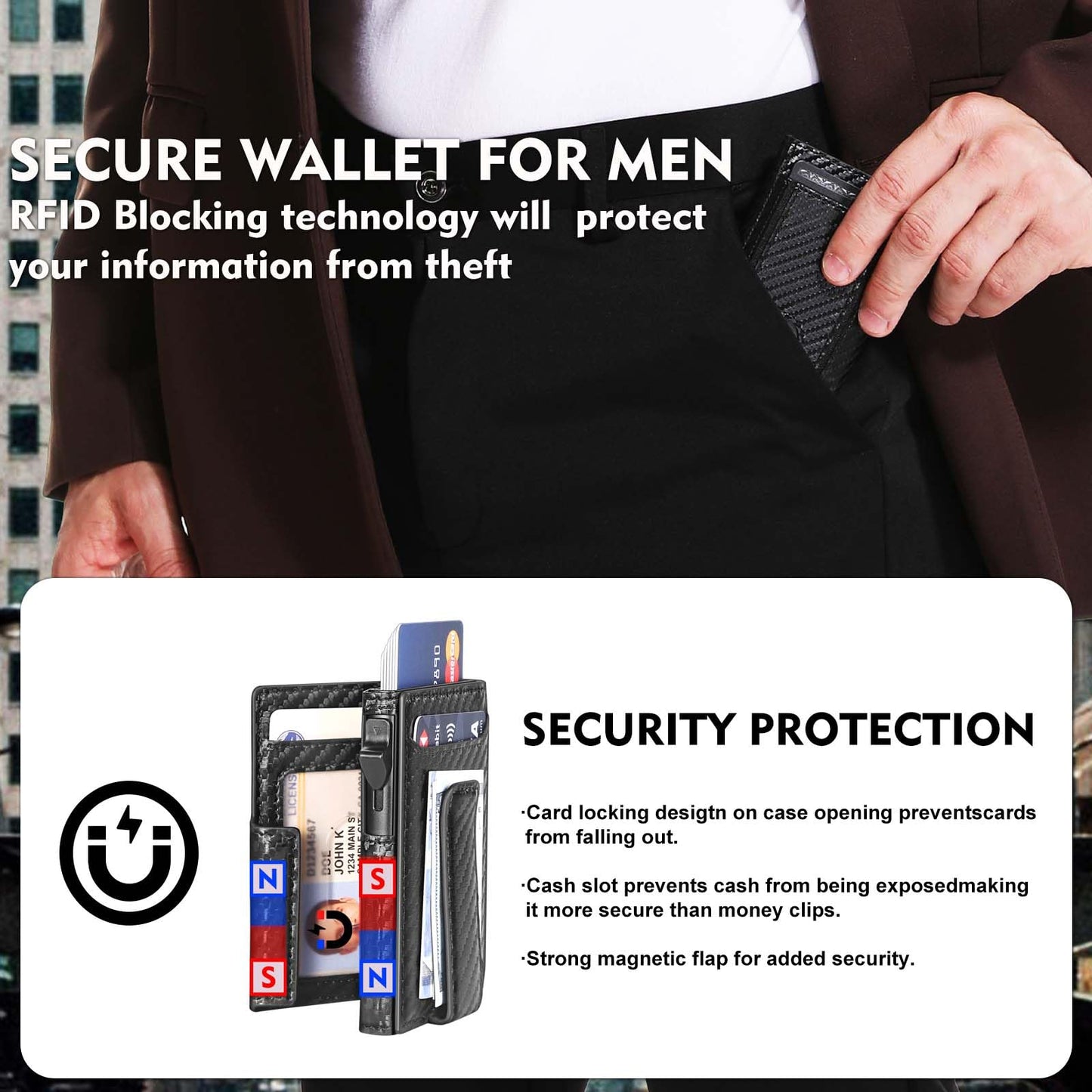 WXM Wallet for Men Pop Up Card Holder ID Window RFID Slim Wallet with Money Clip for 10-15 Cards Stretchable Credit Card Slot Magnetic Closure Compact Metal with Gift Box(Carbon Black)