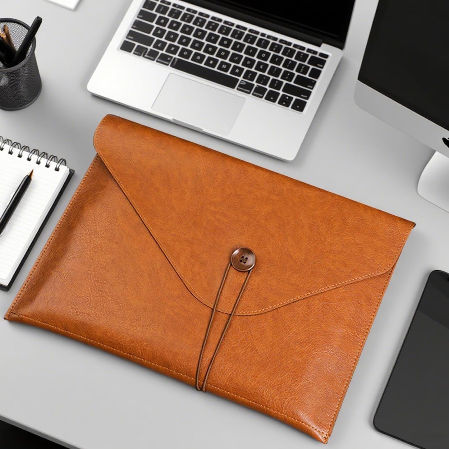 PU Leather A4 File Folder Document Holder for Women, Waterproof Portfolio Envelope Folder Case with Snap Closure, A4 Envelopes Leather Filing Folder Organizer for Women Men Colleagues Staffs - Brown