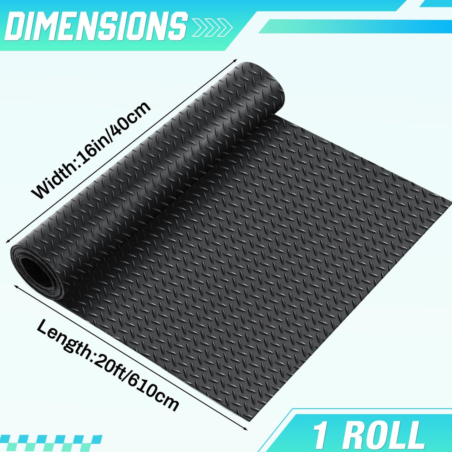 Breling 16 in x 20 ft Rubber Diamond Plate Rolls Garage Floor Mat for Under Car, Heavy Duty Flooring Rug for Trailers Garage, PVC Water/Stain Outside Stall Resistant Parking Rv Tool(Black)