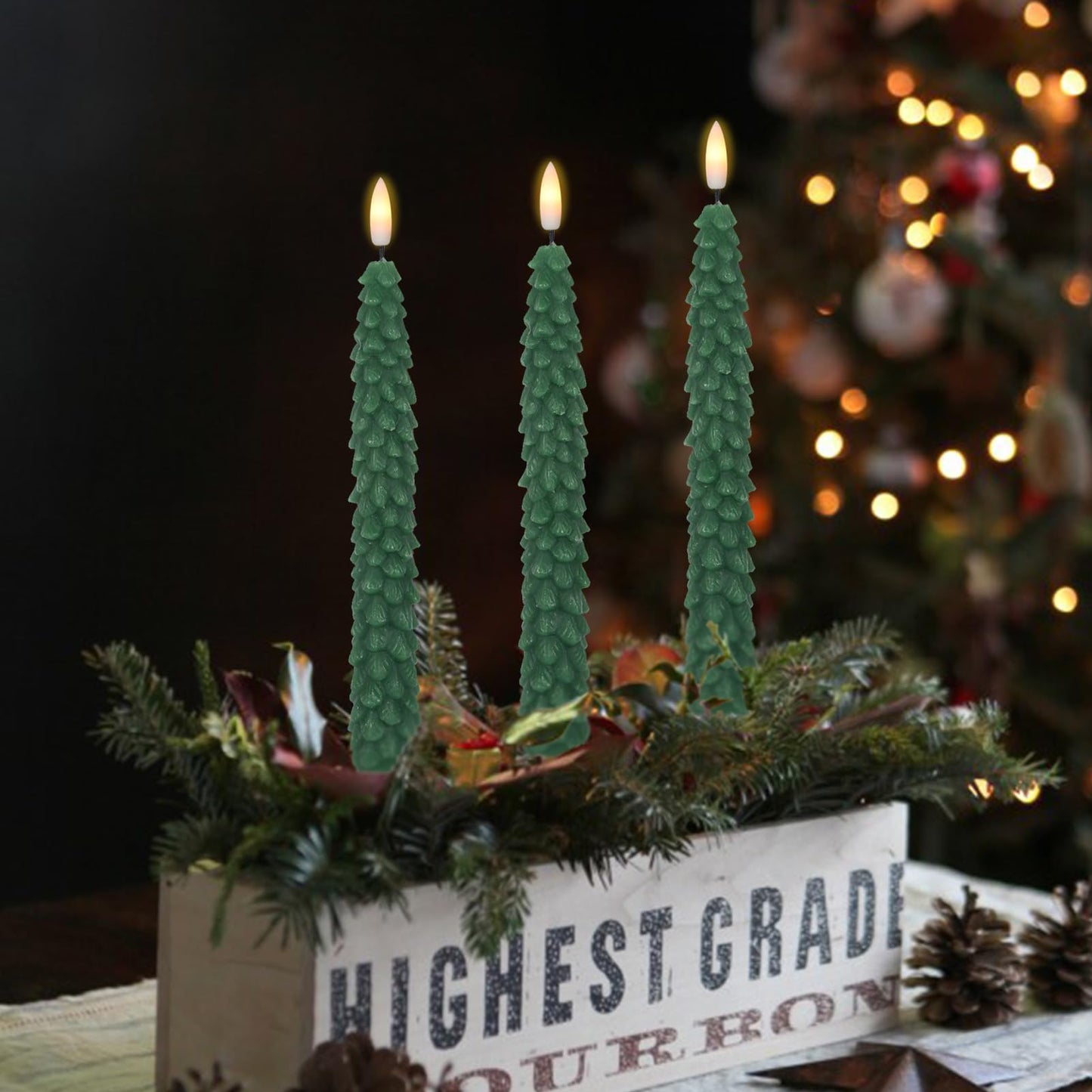 KunSwenn Christmas Tree Candles Battery Operated, 4 Pack Christmas Taper Candles with Remote Timer, Green Real Wax LED Flameless Candlesticks for Home Window Fireplace Holiday Decor(0.78” x 9.64”)
