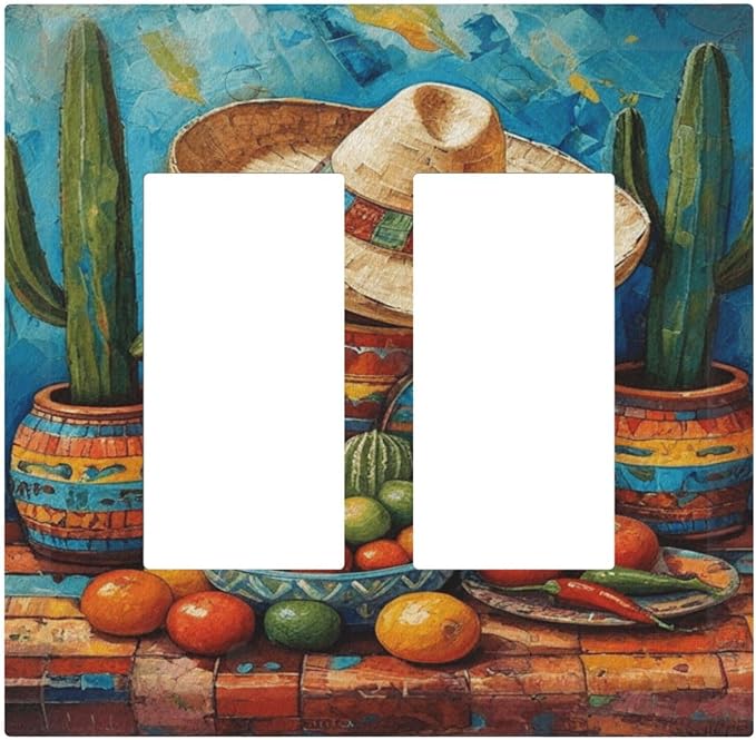 Decorative Art Light Switch Covers Mexican Sombrero & Serape Vibes 2 Gang Dual Rocker Outlet Switch plate Faceplate GFCI for Home Decor