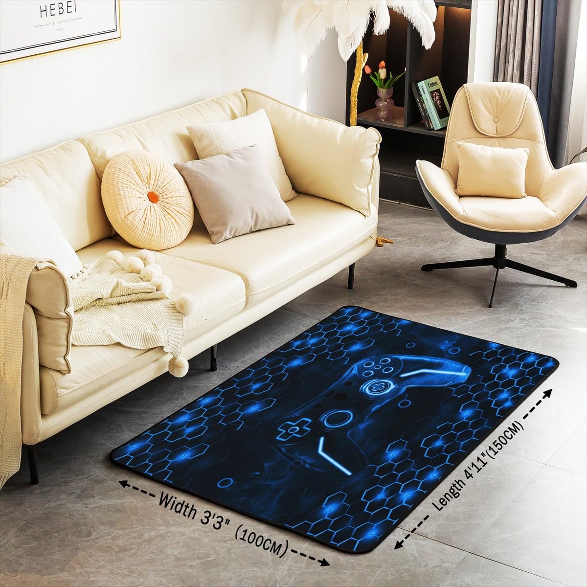 Feelyou Boys Gamer Rugs for Living Room Bedroom 3x5 Kids Gaming Honeycomb Area Rug Game Controller Decorative Carpet Set Hexagon Gaming Gifts Blue Indoor Floor Mat