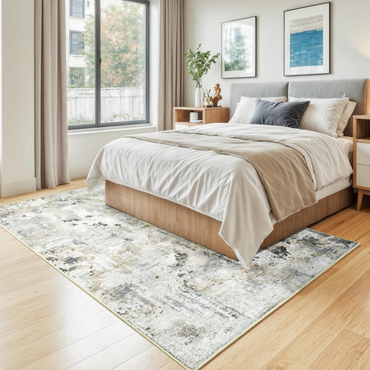 Carpelux 5x7 Area Rugs, Neutral Machine Washable Rugs for Living Room, Abstract Modern Soft Non-Slip Thin Print Floor Carpet for Bedroom Kids Room, Brown/Grey