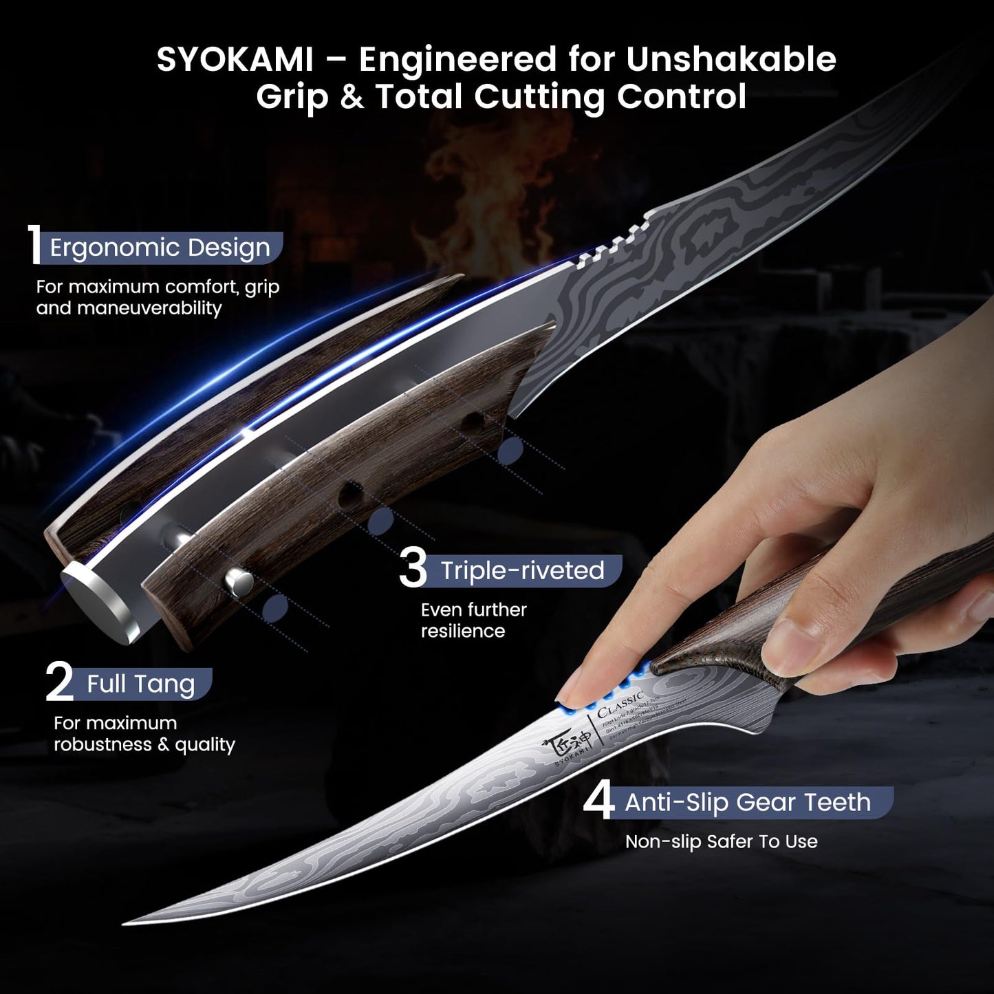 SYOKAMI Fillet Knife, Razor Sharp 7.2 Inch Boning Knife, High Carbon Stainless Steel Filet Knives with High Flexibility, Wooden Handle, Full Tang Damascus Pattern Fishing Knives, Ideal Gift