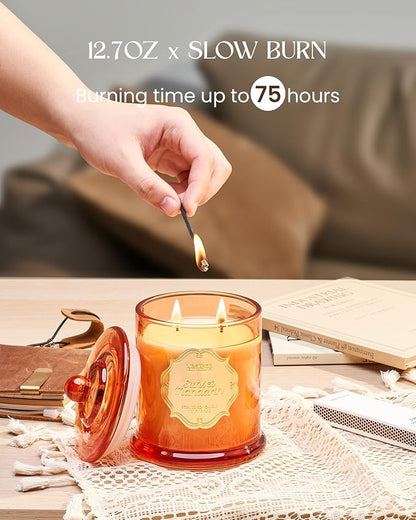 M&SENSE Citrus Candles for Home Scented, Natural Organic Soy Candle 12.7oz 75 Hour Long Lasting Slow Burning, Mandarin Fragrant Double Wick Jar Candle Fresh Smelling for Bathroom
