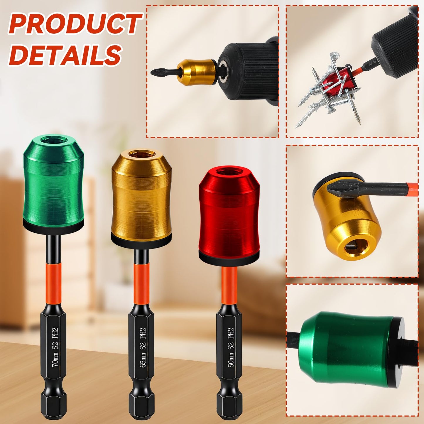 6Pcs Strong Magnetic Screw Ring with PH2 Screwdriver Bit Set Anti-Slip Design Magnetic Ring Screw Holder for Hex Screwdriver and Power Bits Removable Household Tool for Drill Tool Mechanic Carpenter