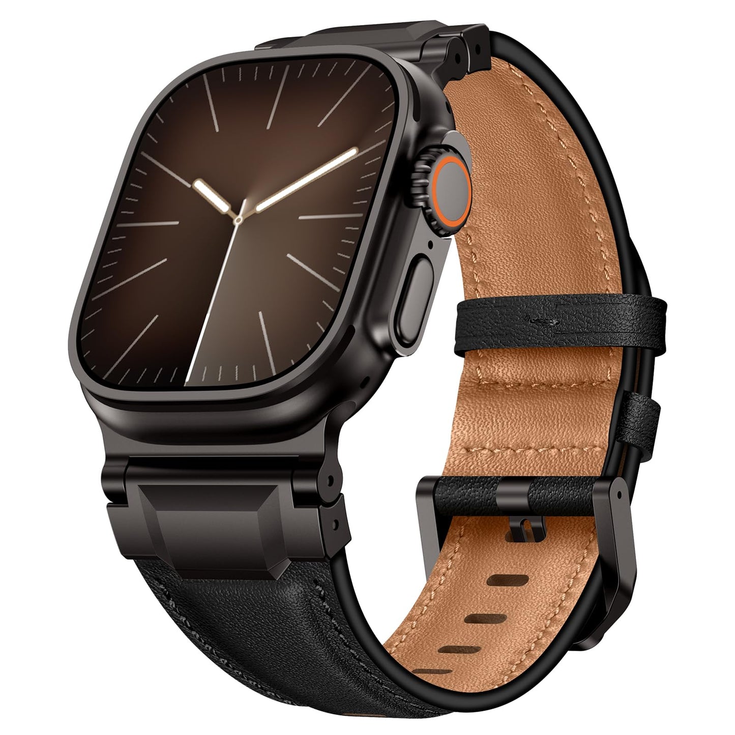 LOIRNBR Leather Bands Compatible with Apple Watch Ultra 3/2/1 Band 49mm 46mm 45mm 44mm 42mm Men, Genuine Leather Metal Connector Strap for iWatch Ultra Series 11/10/9/8/7/SE/6/5/4/3/2/1, Black/Black