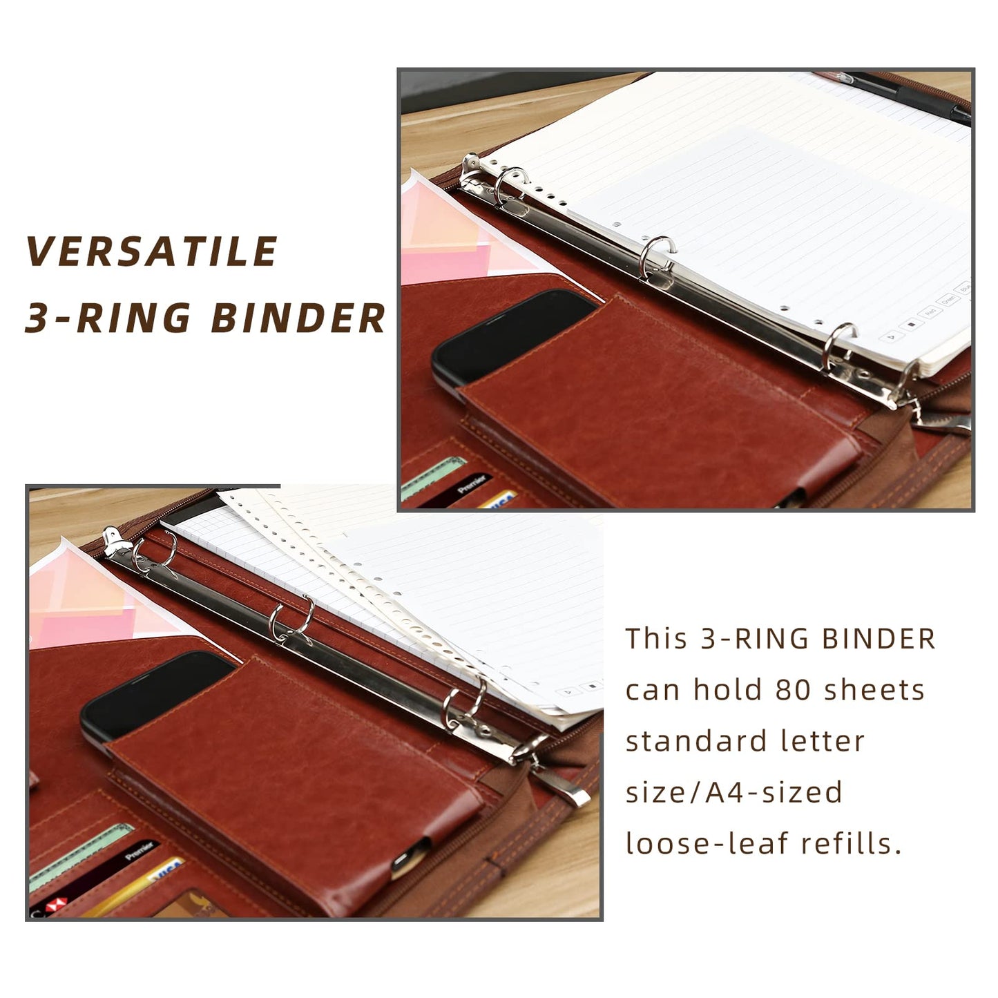 Zippered Portfolio Organizer, WRIYES Leather Padfolio with 3 Ring Binder, Professional Business Binder, Organizer for IPad/Document, Phone & Business Cards, Office Gifts for Men or Women (Brown)