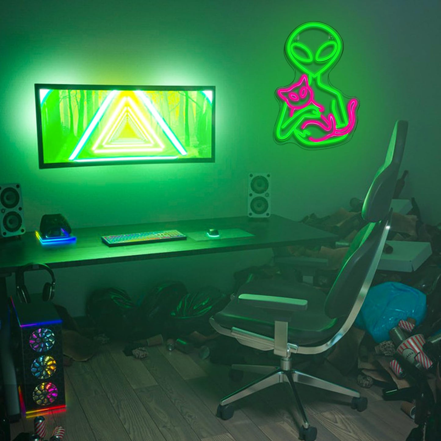 Alien Neon Sign for Wall Decor Dimmable Aliens Cat Led Lights Signs for Bedroom Green Neon Light for Game Room Man Cave Bedroom Party Decoration Gift for Kids Boys