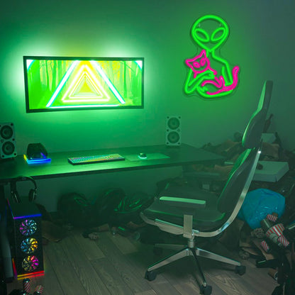 Alien Neon Sign for Wall Decor Dimmable Aliens Cat Led Lights Signs for Bedroom Green Neon Light for Game Room Man Cave Bedroom Party Decoration Gift for Kids Boys