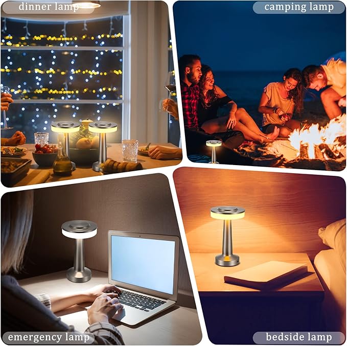 Riakrum Set of 2 LED Portable Cordless Table Lamp with Touch Sensor 3 Color Stepless Dimming Rechargeable Battery up to 15 Hours Cordless Table Light Wireless Lamp for Nursery(Silver,4 Pcs)
