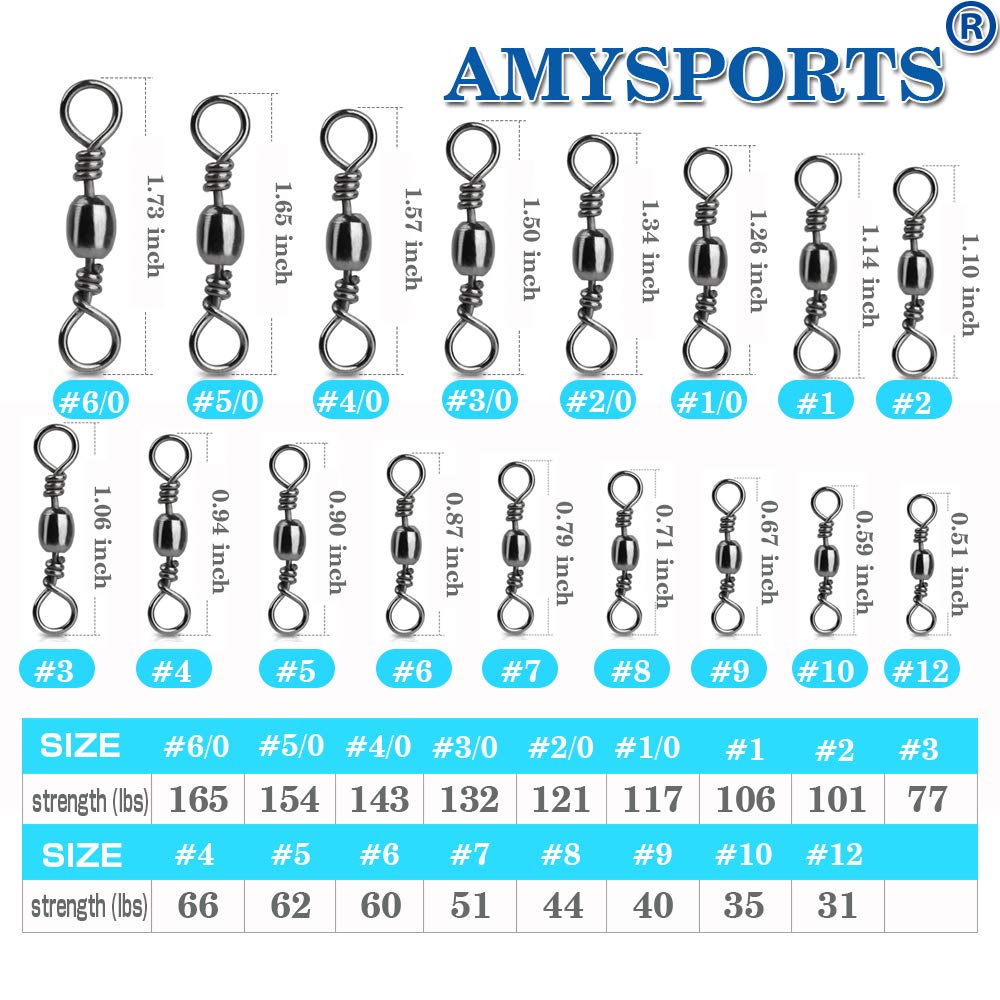 AMYSPORTS High Strength Fishing Swivels - Barrel Solid Ring & Rolling Fishing Tackle Line Connectors - Saltwater & Freshwater - Stainless Steel Accessories - 100pcs - 31lbs