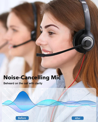 JIAMQISHI USB Headset with Microphone for PC, On-Ear Computer Laptop Headphones with Noise Cancelling Microphone in-line Control for Home Office Online Class Skype Zoom (USB+3.5mm, Black)