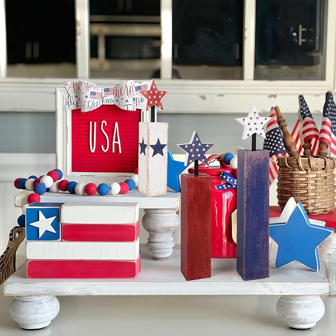 COCHIE 4th of July Decorations Set, Red White Blue Decor, Wooden Patriotic Memorial Day Tiered Tray Decor, Labor Day Decorations, Fourth of July Decoration for Home Office Table (Solid Retro)