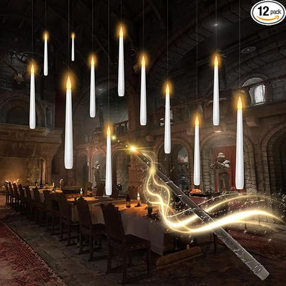 Flameless Floating Candles with Wand，12 Pcs Magic LED Hanging Taper Candles，Flickering Battery Operated Taper Candle with Wand Remote for Halloween Decorations Best Gift（White）