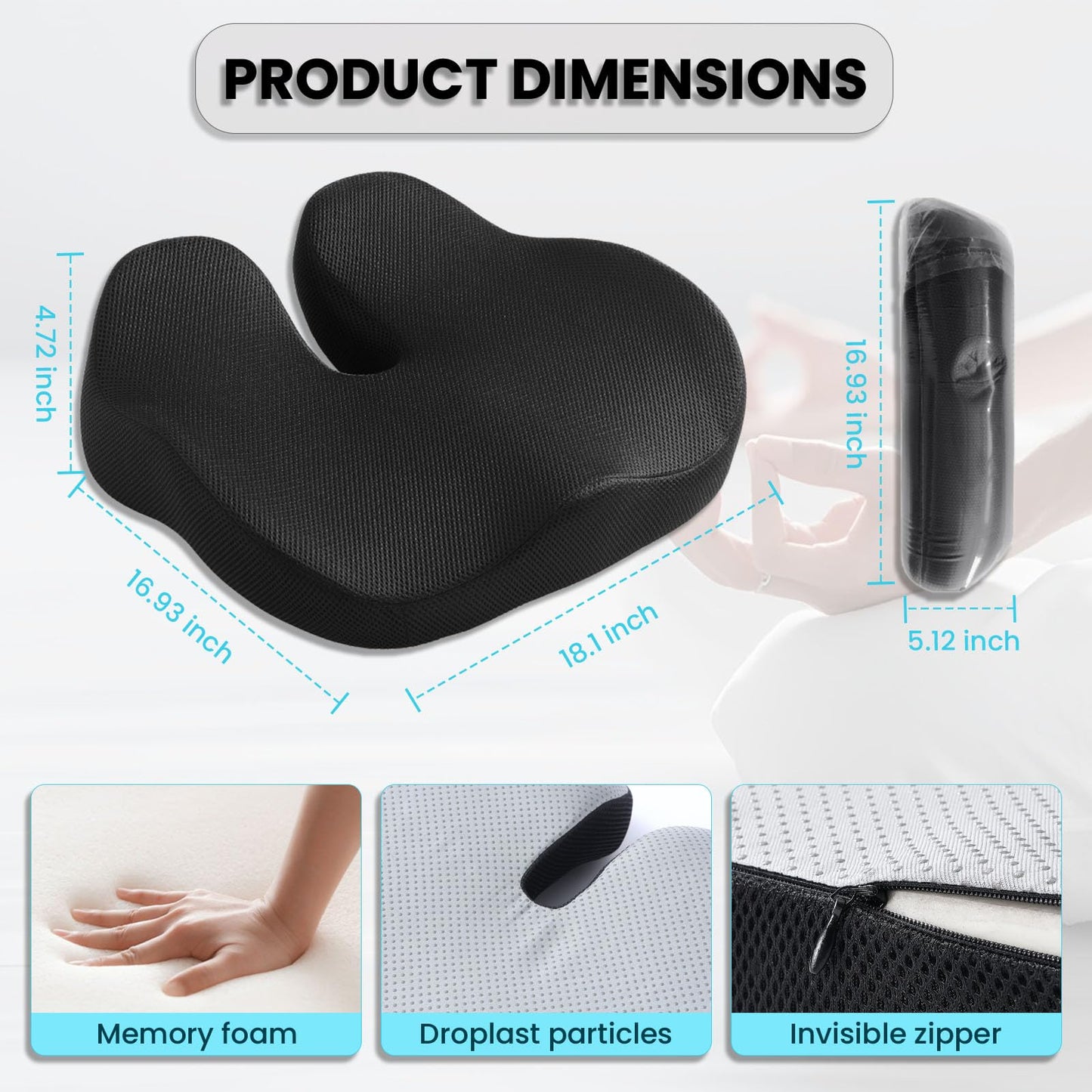 CXC Memory Foam Cushions for Office Chair – Pressure Relief Seat Cushion for Desk Chair, Car, Wheelchair, Hip & Tailbone Pain Relief Cushion for Lxx`ong Sitting, Non-Slip (Black - 3D Breathable Mesh)