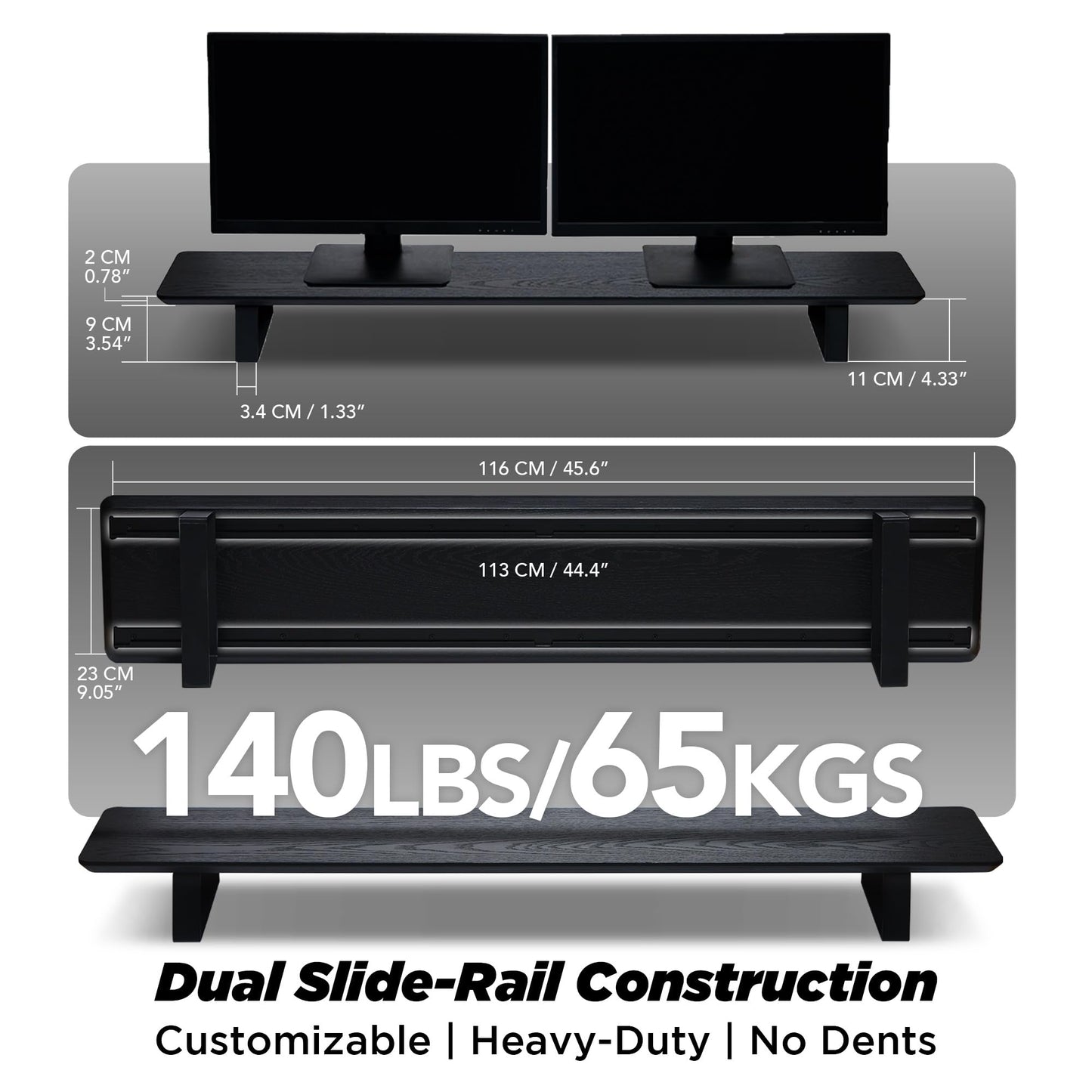 ULTRARM Moodular Wooden Monitor Stand 45.6” (116cm) Large Desk Organizer with Metal Slide Rails for Drawer, Tray, Laptop, Tablet, Phone & Headphones Customizable Riser for Organized Workspace Black