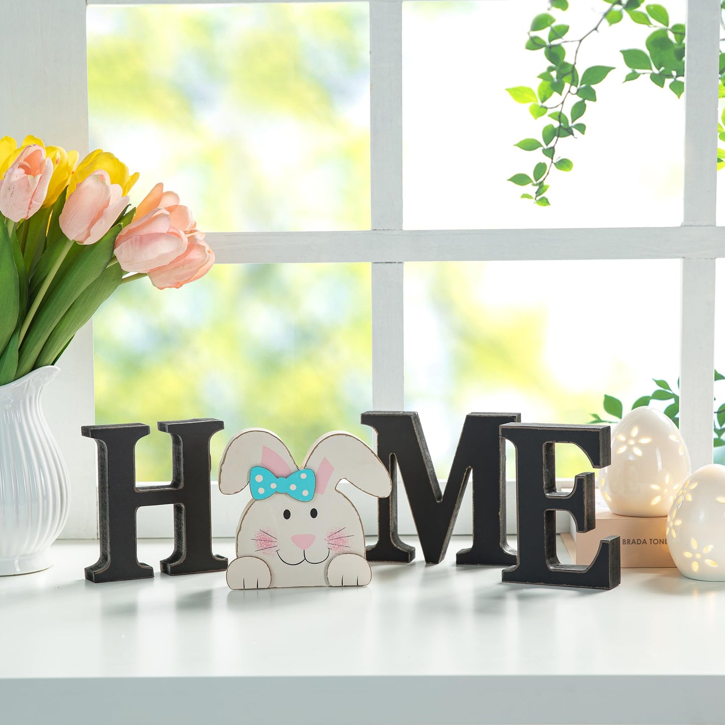 Glitzhome Interchangeable Home Sign with 10 Seasonal Icons Wooden Sign Table Top Shelf Decor for Holiday Farmhouse Door Welcome DIY Decor